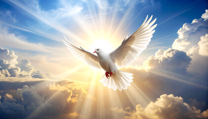 White dove flying toward sunlight with radiant clouds