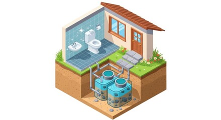 Isometric Cross Section of Home with Septic System and Plumbing Diagram
