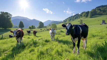 Cows grazing in green meadow on sunny day in mountain valley