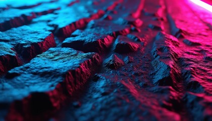 Abstract digital artwork features textured surface with vibrant neon blue, magenta light. Jagged, rough details create depth, emulate futuristic cyber landscape cracked alien terrain. Smooth gradient