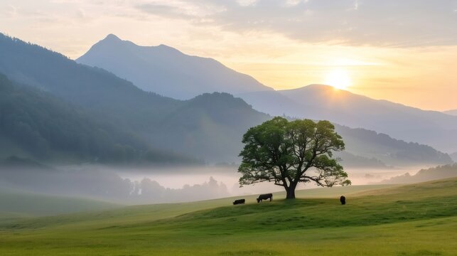 Cows grazing in a green meadow at sunrise with fog and mountains - Powered by Adobe