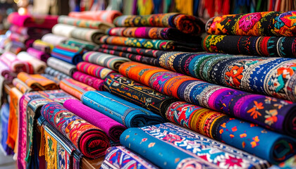 Colorful embroidered fabric rolls neatly stacked, vibrant market