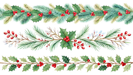 Set of watercolor Christmas border garlands with red holly berry and fir branches