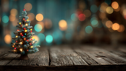 Christmas tree with warm lights on wooden table, festive glow