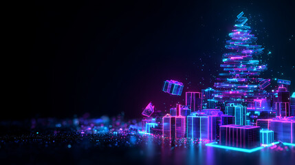 Neon holiday tree with glowing gifts and festive sparkle