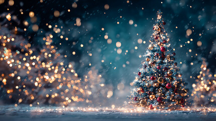 Festive Christmas tree decorated with lights and ornaments
