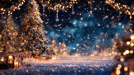 Snowy decorated Christmas tree with glowing lights and gifts