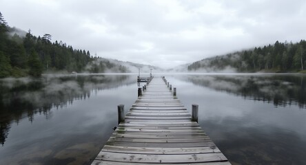 Fototapeta premium Serene Wooden Dock Extending into Misty Lake Surrounded by Evergreen Forest