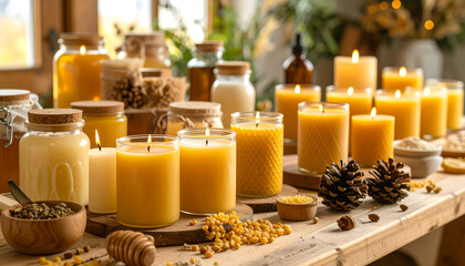 Warm beeswax candle display glowing with autumn warmth