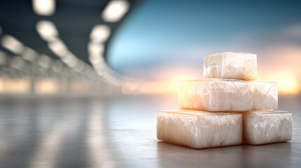 A shrink-wrapped pallet of cardboard boxes ready for shipment in a warehouse.
