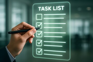 Hand checking off items on a glowing digital task list efficient planning workflow