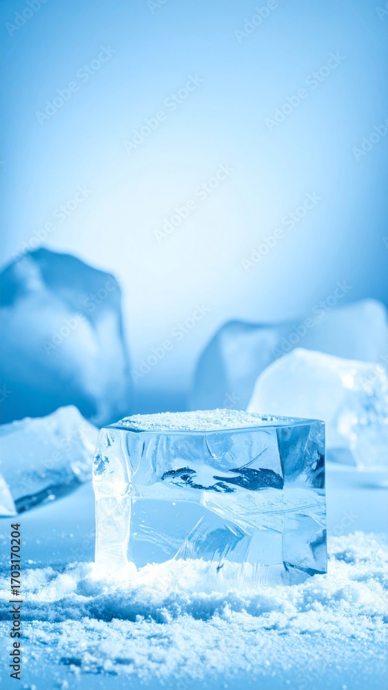 Poster close up of a transparent blue ice cube with snow flakes on a smooth surface