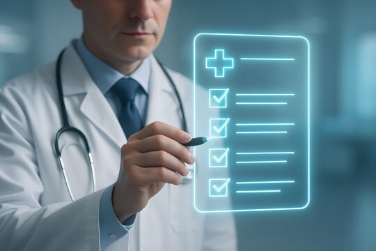 Doctor using digital checklist medical record healthcare technology