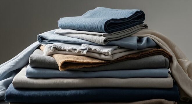 Stack of folded fabrics in neutral colors, soft textures and natural tones, home textile collection, fabric swatches, design elements, interior design, texture background