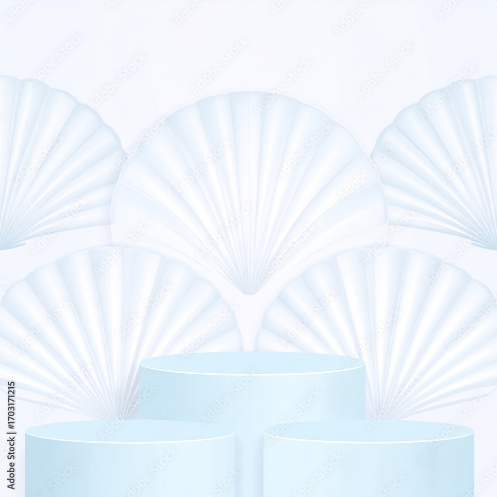 Poster Light Blue Round Pedestal Display for Product Showcase with Shell Background