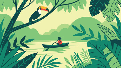 Man in a canoe exploring a tropical river as a toucan watches from a tree. © Ahyar