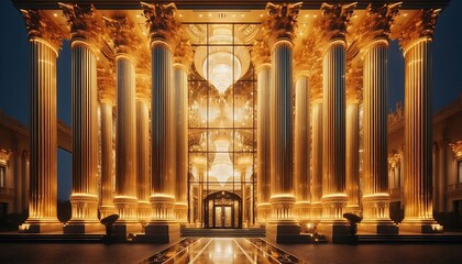 Fototapeta premium Golden Mansion Front View with Columns