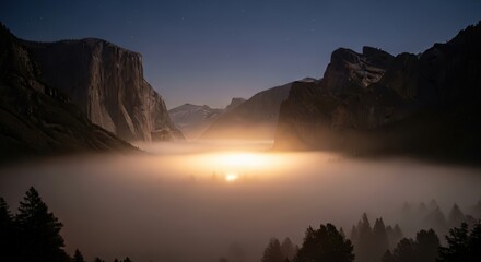 Sunrise over a misty Yosemite Valley with El Capitan and Bridalveil Fall visible.