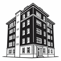 Apartment Building Silhouette Vector Illustration, Black Fill on White Background