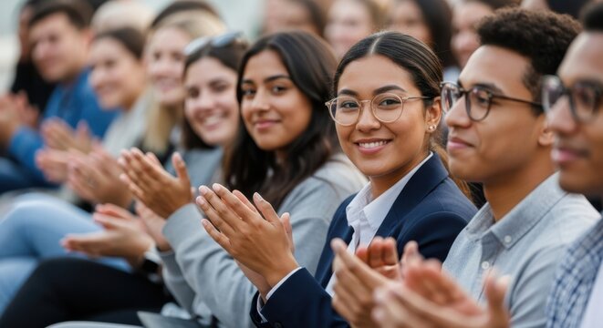 Diverse group of young professionals clapping and smiling at a conference or presentation