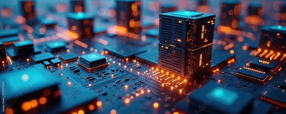 Poster futuristic cybersecurity concept showing glowing circuit board with microchips. abstract technologic