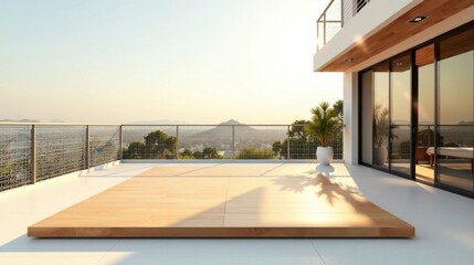 Fototapeta premium Serene Sunrise View from a Modern Rooftop Terrace with Minimalist Wooden Deck