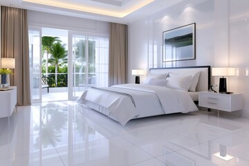Modern white bedroom overlooking tropical scenery with balcony access