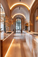 Obraz premium Modern kitchen with vaulted ceiling and led lighting illuminating marble counters