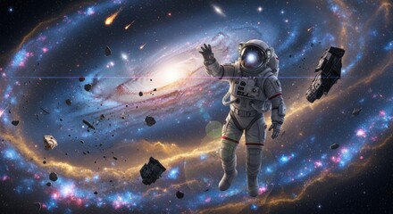 Fototapeta premium An astronaut floats in space, reaching out towards a swirling galaxy filled with stars and debris.