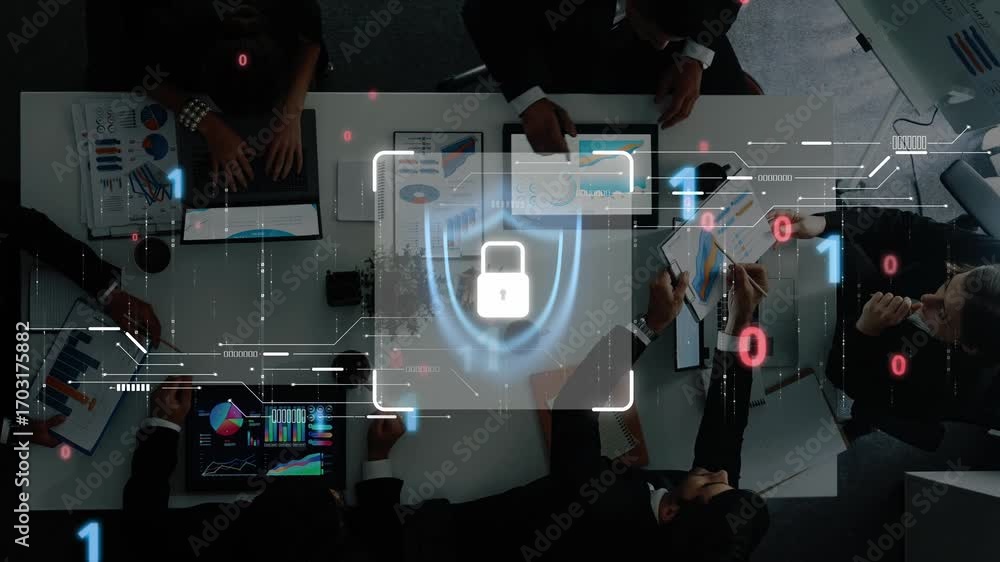 Poster a top-down view of a business meeting in a modern office, featuring a digital lock symbol over data 