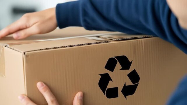 Person handling a cardboard box with a recycling symbol for reuse and sustainability