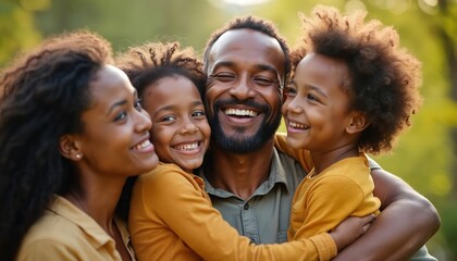 Happy Black family portrait shows father, mother, two kids embracing outdoor. Diverse parents, children express joy, togetherness, multicultural unity. Love, acceptance, harmony fill warm community