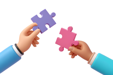 Two cartoon hands connecting purple and pink puzzle pieces jigsaw connection