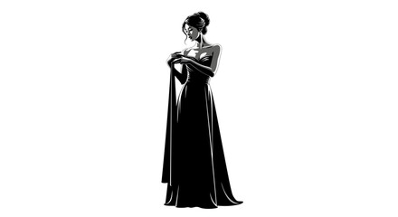Elegant Woman in Gown Black and White Formal Attire Silhouette Graphic