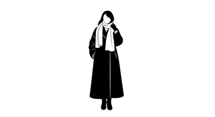 Elegant woman in winter coat and scarf minimalistic black and white drawing