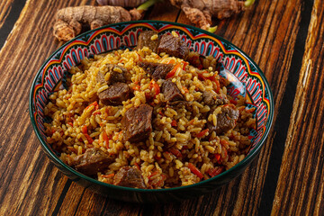 Asian traditional pilaf with beef
