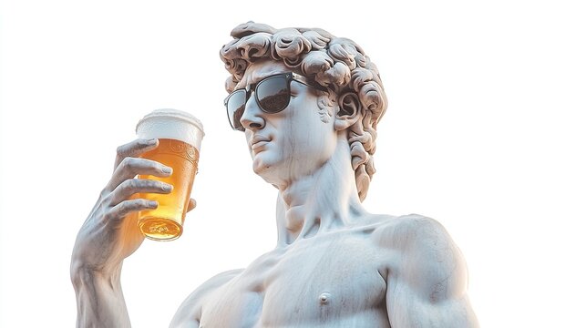 David statue, marble, wearing rayban wayfarer, having a beer, smiling, full body white background  png