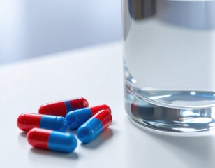Colorful Pills Beside Glass of Water on Table Surface