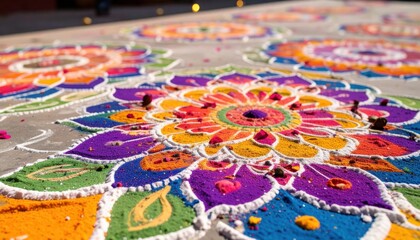 Colorful Rangoli Design with Vibrant Floral Patterns on Ground