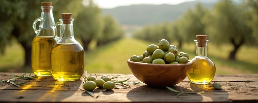 Harvested green olives in wooden bowl with olive oil bottles on rustic table. Sunlit olive grove background. Natural product, eco-friendly, organic farming, food production.