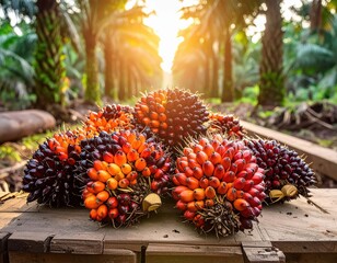 Freshly Harvested Palm Oil Fruits Under Golden Sunrise Glow