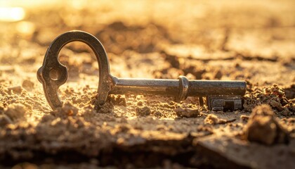 Glimmering Vintage Key Resting on Earth in Soft Sunlight