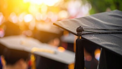 Graduation Cap Close-Up with Sunlight in the Background at Ceremony