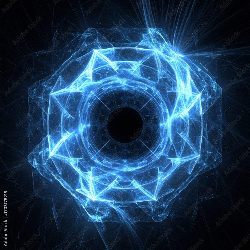 Poster abstract glowing blue fractal art with geometric shapes and intricate pattern