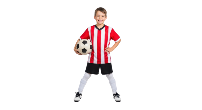 Smiling boy holding a soccer ball isolated PNG with Transparent Background