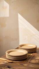Rustic Wooden Table with Stacked Eco-Friendly Plates and Spoon