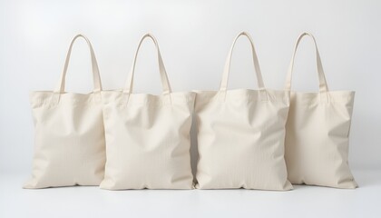 Four eco-friendly canvas tote bags stand side by side, bathed in clean, bright, studio lighting.