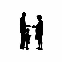 Silhouette of elderly couple giving pocket money to grandchildren
