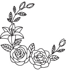 Black and White Floral Wreath Segment with Roses and Lily