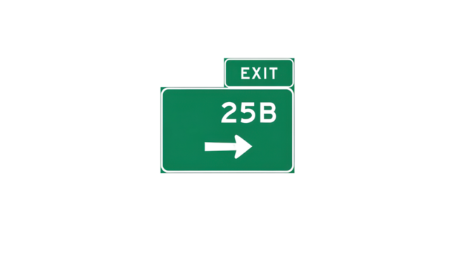 Exit 25B Highway sign with arrow pointing right isolated PNG with Transparent Background